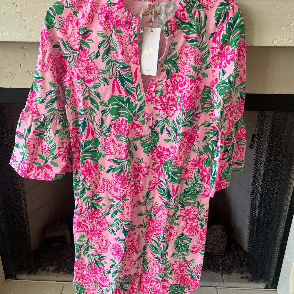 Lilly Pulitzer Pink Floral Mini Dress with Green Leaf Print (NWT)